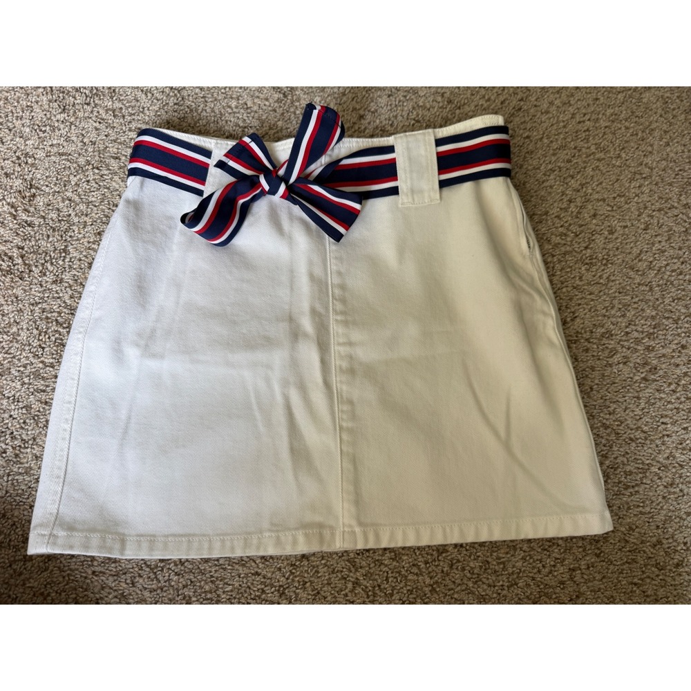 Tommy Hilfiger Jeans White Denim Mini‎ Skirt Striped Ribbon Belt Size 8 Preppy
